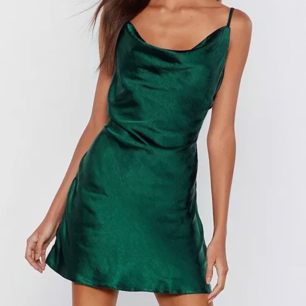 NWT Nasty Gal Sought After Cowl Satin Mini Dress in Emerald Green